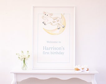 Watercolor Cow Jumped Over the Moon Party Welcome Sign | Editable 24''x36'' Sign 1030 | Nursery Rhyme Baby Shower | Mother Goose Birthday