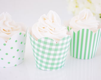 Groene patroon Cupcake Wrappers | Groene pastel cupcake wrapper sjabloon | Groene stippen Cupcake Wrapper | Afdrukbare download | 6000 6001