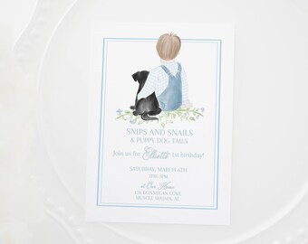 Watercolor Snips and Snails Invitation | Brown Hair & Black Puppy | Puppy Dog Birthday Invitation | Puppy Birthday for Boy | Little Boy 1027