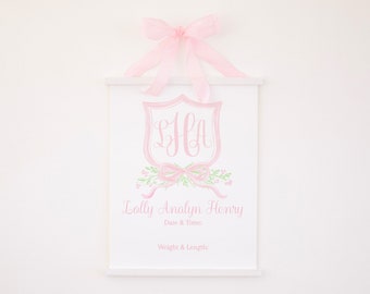 Hospital Door Sign Printable | 16x20 | Watercolor Pink Crest with Monogram & Baby Name | Announcement Crest | Welcome Newborn Stats 10001
