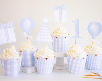 Watercolor Light Blue Cupcake Toppers | Printable | Classic Blue & White Birthday Cupcake Toppers | Blue and White 1st Birthday | 1050