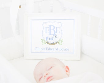 Baby Boy Watercolor Baby Name Sign with Rocking Horse | 8x10 Printable | Hospital Bassinet Newborn Name Card | Blue Monogram Crest |  20005