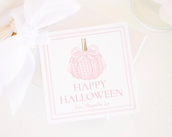 Pink Gingham Pumpkin with Bow Halloween Treat or Gift Tag | Pumpkin School Treat Tag | Watercolor Printable Label Favor Download | 1014