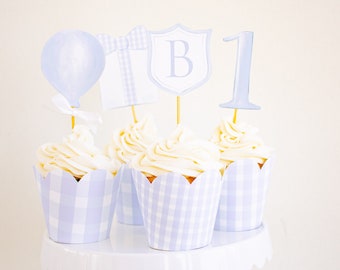Watercolor Blue ONE, Balloon & Crest Monogram Cupcake Toppers | Monogram Crest Cupcake Toppers | Printable Download Blue and White 1062