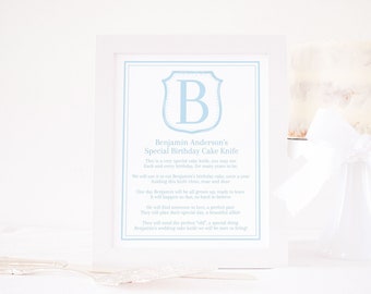 Monogram Crest 'My Birthday Cake Knife' Sign | 1st Birthday | 8x10 Printable | Blue First Birthday Cake Knife Poem for Boy Download