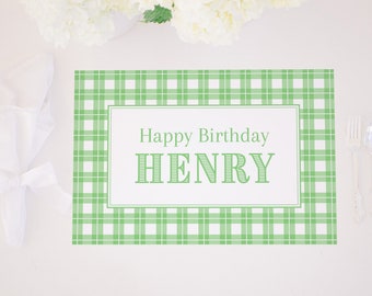 Personalized Happy Birthday Placemat | 12x18 | Printable Download | Green Plaid Party Placemat | Green & White Birthday Party 6000 6001