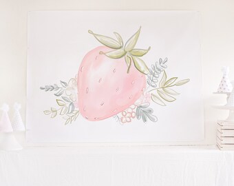 Pink Strawberry Floral Printable Backdrop Poster Download 1015, Pink Strawberry Party Backdrop, Strawberry Backdrop, Berry First Birthday