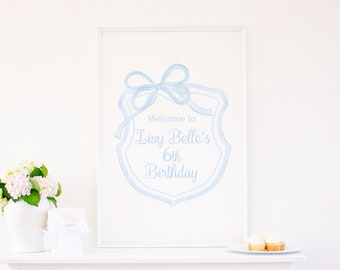 Watercolor Blue Bow Crest Welcome Sign | 24x36 Printable | Pretty Blue Birthday, Bridal Shower or Baby Shower | Blue Bow | Swan | 5019