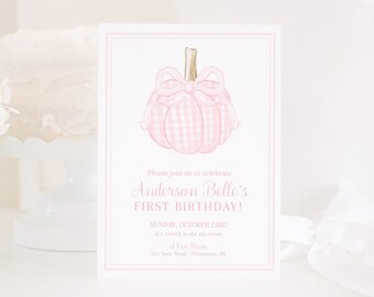 Watercolor Pink Gingham Pumpkin & Bow Invitation | Our Little Pumpkin Invitation | Pink Check Pumpkin Invitation | Little Pumpkin Party 1057