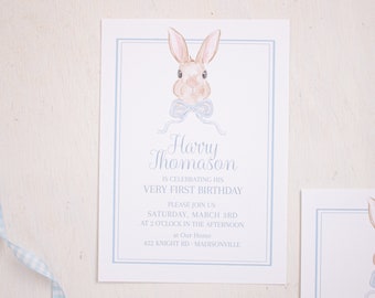 Watercolor Some Bunny is ONE Invitation 1023 | Watercolor Boy Bunny Birthday Invitation | Simple & Classic Bunny First Birthday for Boy