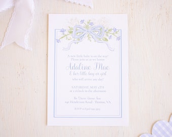 Watercolor Blue Floral & Bow Baby Shower Invitation | Blue Floral and Hydrangea Baby Shower Invitation | Blue Floral Baby Shower | 1052