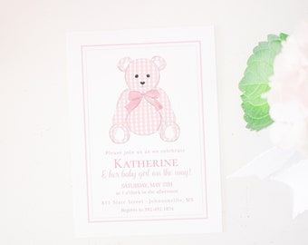 Watercolor Pink Gingham Teddy Bear Baby Shower Invitation | 5x7 | Preppy | Grandmillennial | Simple Baby Girl Theme | Pink and White | 5011