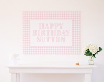 Pink Gingham Backdrop | 36x48 | Pink Gingham Happy Birthday Backdrop Poster Banner | Customizable Editable Text | Printable Download | 5000