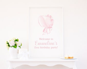 Watercolor Pink Bonnet Welcome Sign | Printable | Pink Bonnet Birthday or Baby Shower | Bonnets and Bows | First 1st Birthday for Girl  5007