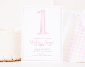 Watercolor One Birthday Invitation for 1st Birthday | Pink & White First Birthday Invitation | Traditional Pink White 1st Birthday | 1061