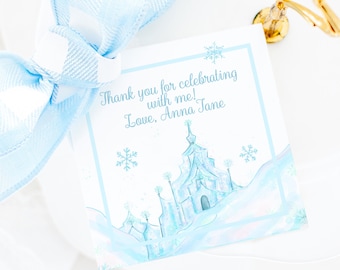 Watercolor Frozen Birthday Favor Tag with Ice Castle and Snow (3.5x3.5 Printable Digital Download) 1010