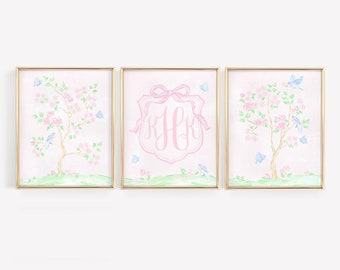 3er-Set | 16x20 Drucke | Aquarell rosa Chinoiserie | Grandmillennial Kunstwerk | rosa Monogramm Wappen mit Schleife | Initiale | Preppy | 5017