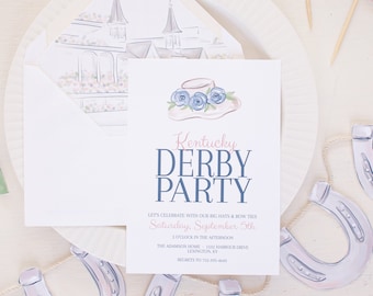 May include: A light blue and pink invitation with a watercolour illustration of a hat with blue flowers. The text reads "Kentucky Derby Party" with the date and time of the event. The invitation also includes the address and contact information for the event.