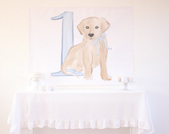 Puppy Dog First Birthday Birthday Backdrop Poster Printable Download 1027 | Snips and Snails 1st  Birthday | Watercolor Puppy Dog Birthday