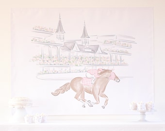 Churchill Downs, Pink Race Horse & Pink Gingham Jockey Birthday Backdrop Download 0106 | Girly Horse Racing Party | KY Derby Birthday Party