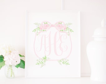 Watercolor Pink Floral Monogram Crest Artwork Printable with Bow | Editable Text | 8x10 or 16x20 | Watercolor Crest Print | Girl Nursery Art