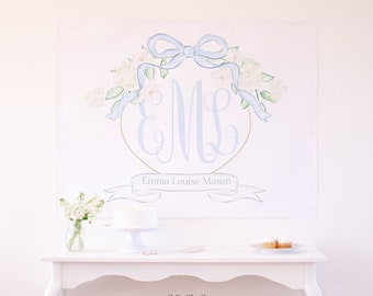 Watercolor Blue Floral Crest Backdrop | Printable Download | Watercolor Bow & Crest Birthday Backdrop | Monogram Crest Backdrop | 1052