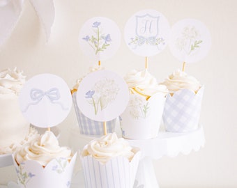 Blumen und Monogramm Cupcake Toppers | Aquarell Monogramm Crest Cupcake Toppers | Blaue Blumen und Hortensie | Druckbare Download | 1052