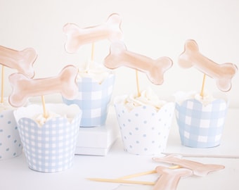 Puppy Dog Cupcake Toppers | Watercolor Puppy Birthday Printable Cupcake Toppers Download | Blue Gingham Puppy Party | Snips and Snails  1027