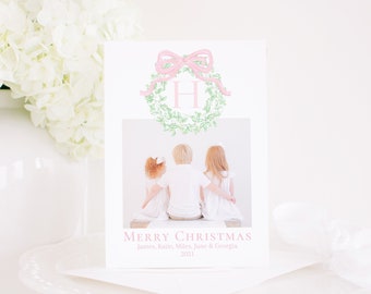 Watercolor Pink Bow & Monogram Wreath Christmas Card with Photo, Digital Download | Printable Holiday Card | Vertical Greenery Wreath  2001