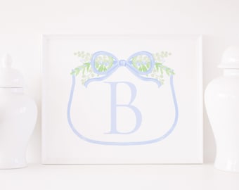 Arte da crista do monograma em aquarela | Crista azul do monograma | Editável para impressão | 8x10 ou 16x20 | Impressão azul da crista da aquarela de <br> Entrega Rápida? Arte do berçário do menino