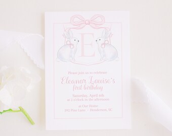 Watercolor Pink Bunny Birthday Invitation | Monogram Crest with Bow | Watercolor Some Bunny is ONE | Bunny First Birthday Invite | 1079 5003