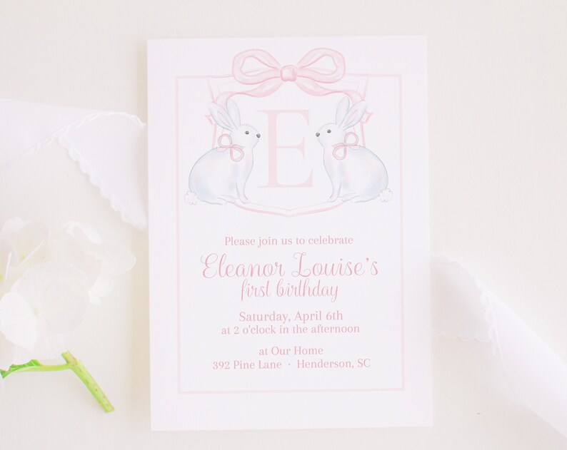 Watercolor Pink Bunny Birthday Invitation Monogram Crest with Bow Watercolor Some Bunny is ONE Bunny First Birthday Invite