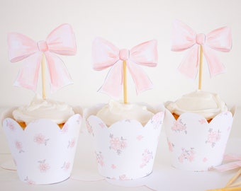 Pink Bow Cupcake Toppers Watercolor Printable Download 1012 | Etsy
