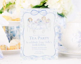 Invitación a la fiesta del té de acuarela con lazo / patrón chinoiserie / invitación a la fiesta del té floral azul y blanco con lazo / fiesta del té femenina / 1068