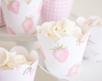 Pink Strawberry, Floral, and Pink Gingham Cupcake Wrappers - Watercolor Printable Cupcake Wrapper Download 1015 for a Pink Strawberry Party