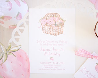 Watercolor Strawberry Picking Birthday Invitation, Strawberry Farm Birthday Invitation, Pink Strawberry Birthday Invitation 1015