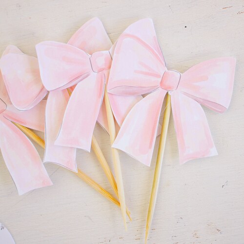 Pink Bow Cupcake Toppers Watercolor Printable Download 1012 - Etsy