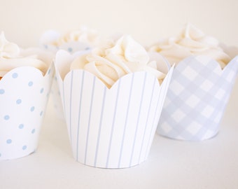 Blue Dots, Blue Stripes & Blue Gingham Cupcake Wrappers | Watercolor Printable Cupcake Wrapper Download 1030 | Blue Gingham Cupcake Holder