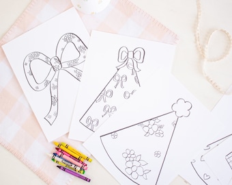 Birthday Party Coloring Pages Printable Download | EDIAG Every Day is a Gift First Birthday | Girly First Birthday | Bow Theme Party | 0101