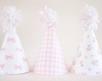 Pink Gingham, Bows, & Floral Party Hats Watercolor Printable Party Hats Download 1012