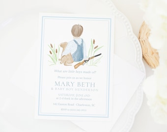 Watercolor Little Boy with Puppy and BB Gun Invitation | Baby Shower or Birthday | Hunting | Snips Snails Puppy Dog Tails Invitation | 1027