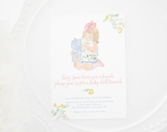 Watercolor Baby Doll Birthday Invitation | 5x7 Printable Download | Baby Doll Brunch Party | Baby Doll Tea Party | Dolly and Me Invite  0102