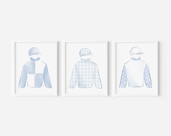 Watercolor Jockey Silk Prints, Blue Silks | 8x10 | Printable Download | Set of 3 Jockey Silk Prints | Racehose Horse Racing Print Set | 0106