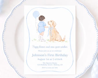 Little Boy in Blue Bubble with Dark Curly Hair & Golden Retriever Puppy Dog Birthday Invitation (5x7 Printable Digital Download) 3018