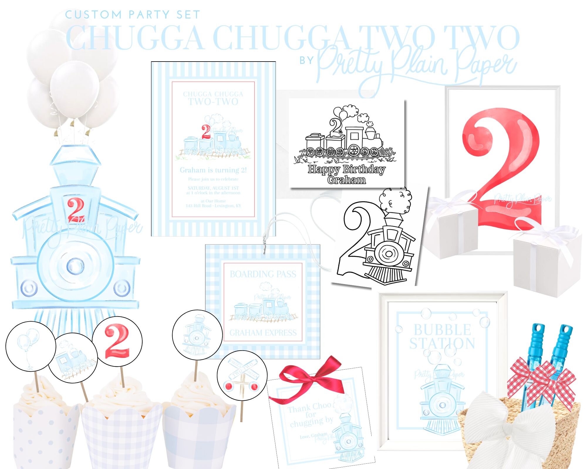 パーティー サイン | 11x14 | 水彩 Choo Choo Train 2 歳の誕生日