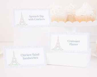 Food Labels or Place Cards | 2x4 Tent Style Printable | Eiffel Tower | French Girl Paris | Oui Oui Three Birthday Party | Watercolor 9003