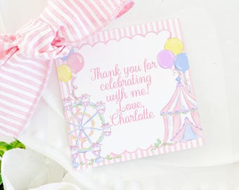 Pastel Pink Carnival Party Favor Tag for Birthday; (3.5x3.5 Printable Digital Download) Watercolor Preppy Grandmillennial Style 5059