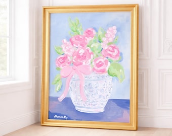 Large Floral Grandmillennial Art; Print of an Original Painting with Pink Roses in Chinoiserie Vase (30x40 Digital Download)