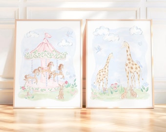 2er Set Drucke | 18x24 | Druckbar | Aquarell rosa Karussell Kunstwerk | Giraffen Hasen | Blumen-Chinoiserie-Druck | Grandmillennial 5049