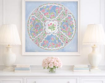 Blue, Green & Pink Rose Medallion Plate Inspired Artwork, Print of an Original Painting; 30x30 Printable  Download; Living Dining Room Art